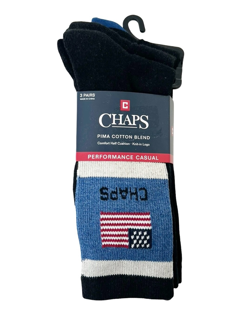 Chaps Men’s 3-Pack Pima Cotton Performance Casual Crew Socks American Flag NWT